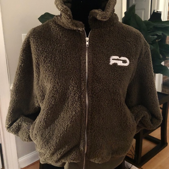 Olive Green Sherpa Slouchy Zip Up Fleece Jacket - Picture 2 of 4